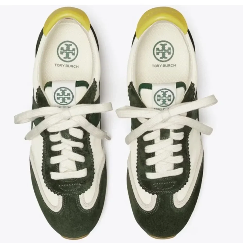 Tory Burch Green and Cream Retro Sneakers with Suede and Mesh